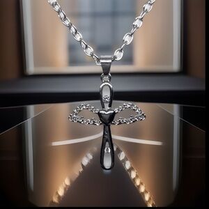 Angel Cross Wings Diamond In The 🔝 & ⬇️ Of Angel W/❤️ In Center S925 Necklace